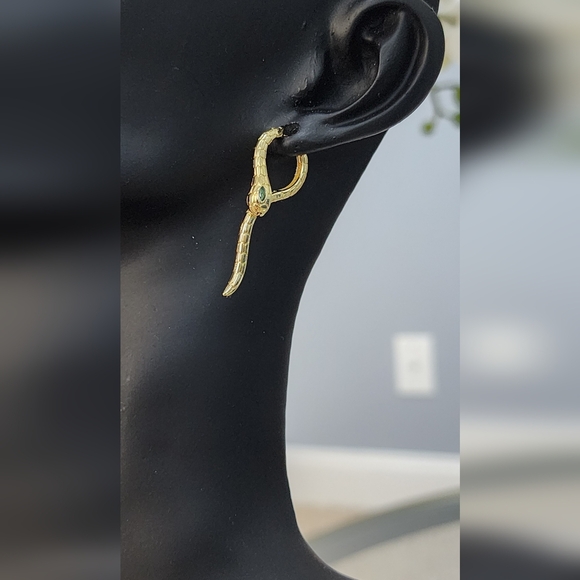 Gold Snake Earrings with Green Accent - Picture 3 of 7